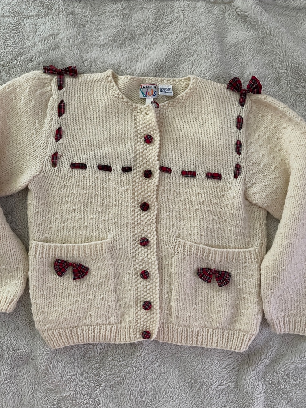 Talbots Kids Cream Cardigan with Red Plaid Trim Girls M